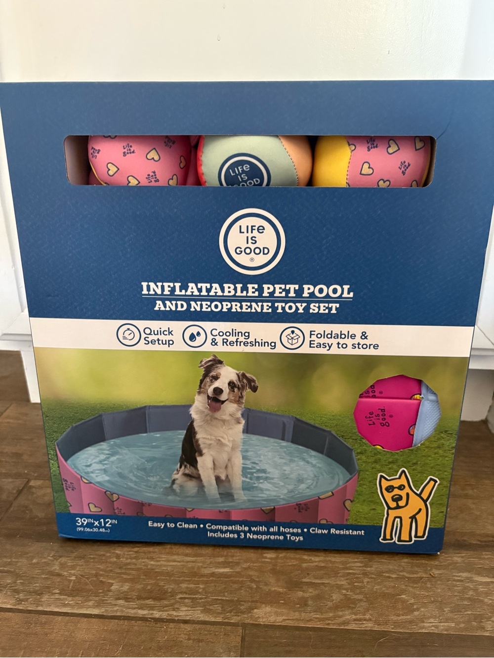 Life Is Good Pink and Blue Inflatable Pet Pool with Neoprene Toys